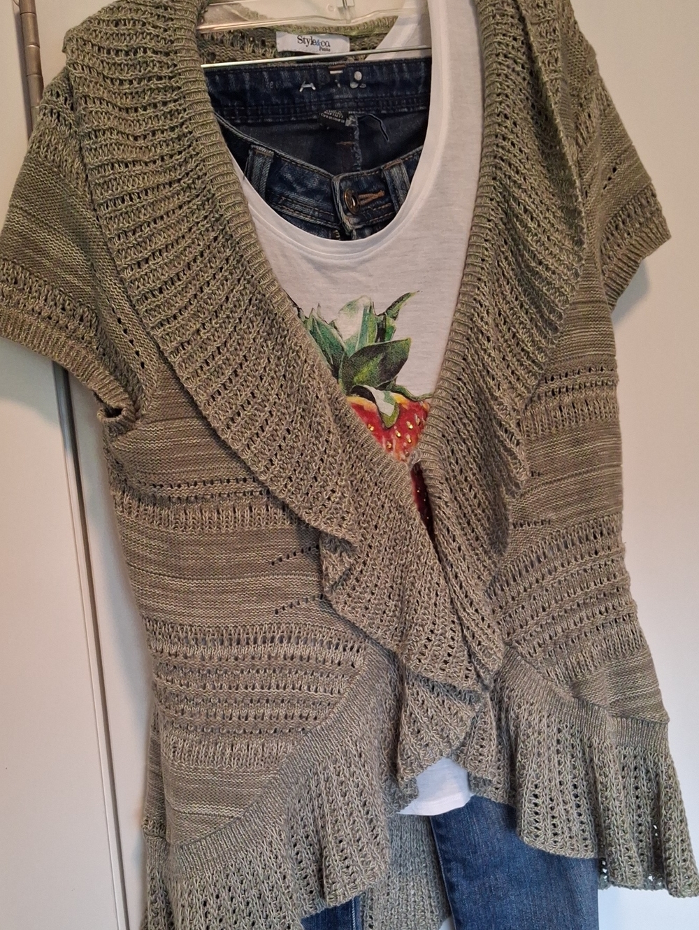Style & Co. Olive Knit Ruffle Open-Front Cardigan